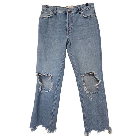 We The Free Straight Jeans Women's 28 Blue Button Fly Mid Rise Crop Distressed - Picture 1 of 5